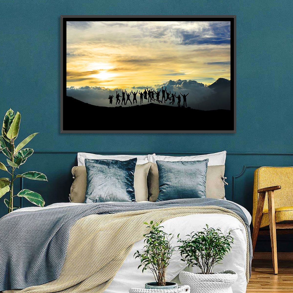 Golden Team Silhouettes at Sunset Wall Art in a room, landscape