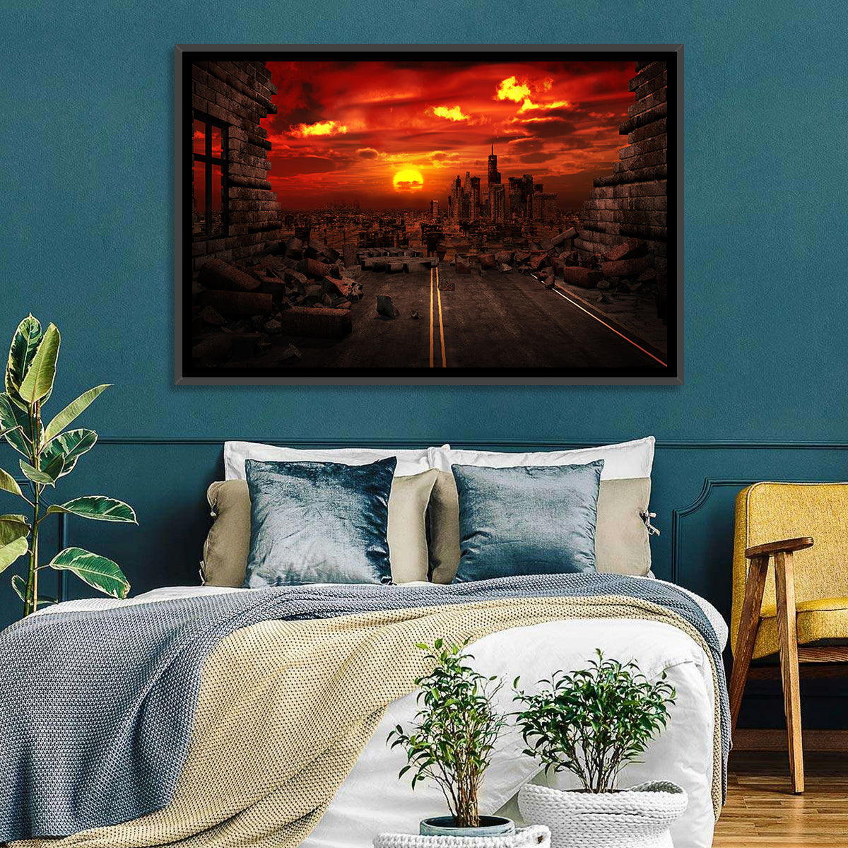 Apocalyptic Sunset Wall Art in a room, landscape