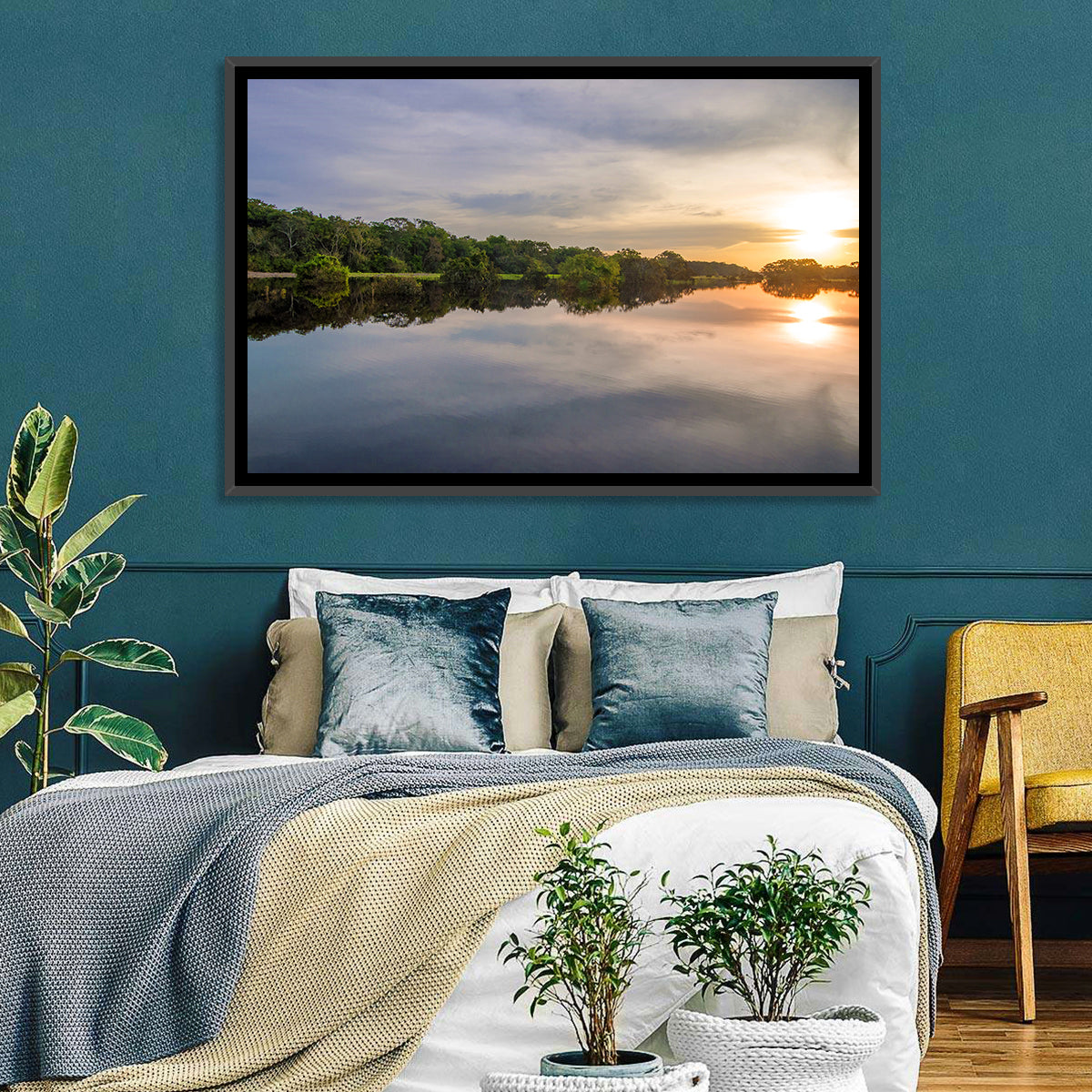 Amazon River Sunset Reflection Wall Art in a room, landscape