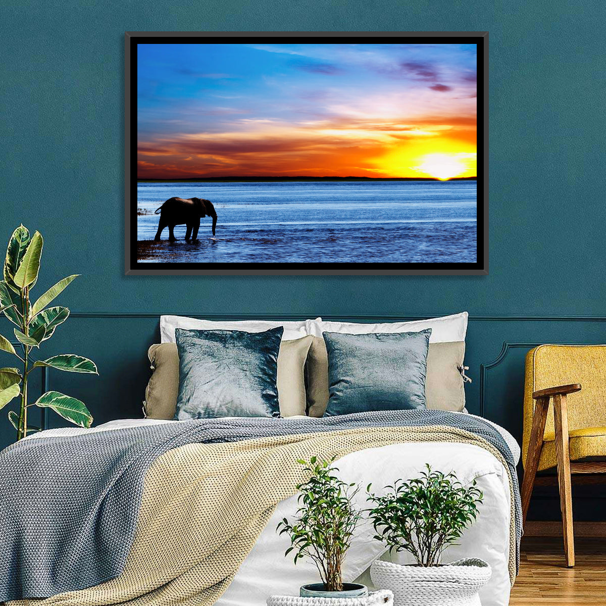 Elephant Silhouette at Beach Sunset Wall Art