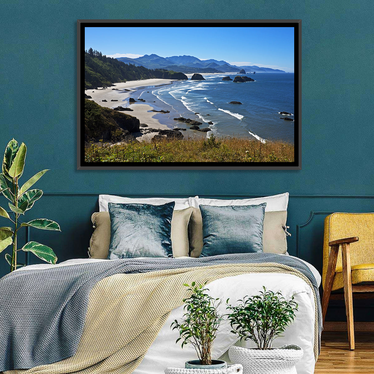 Cannon Beach Morning Shoreline Wall Art in a room, landscape