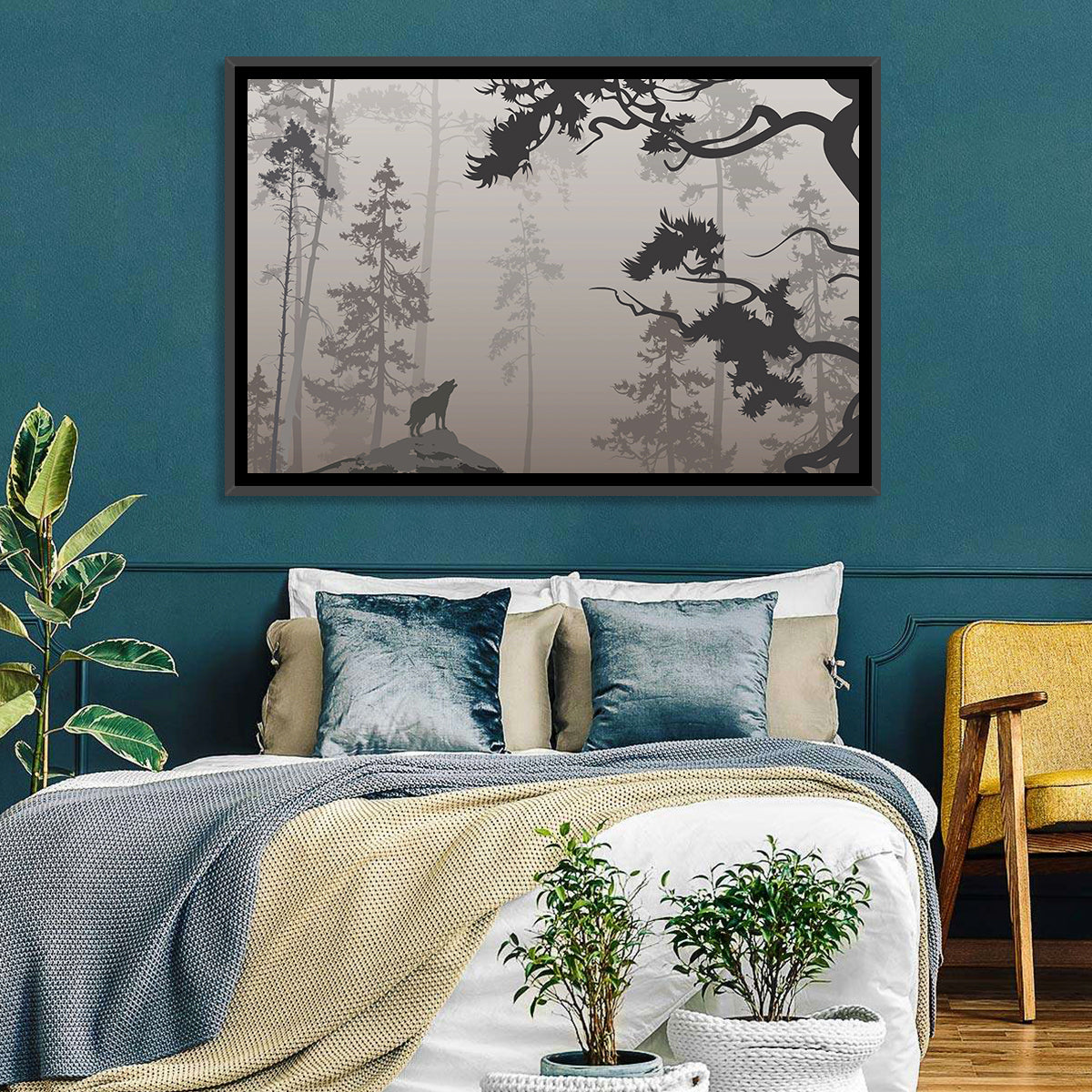 Howling Wolf in Misty Forest Wall Art in a room, landscape