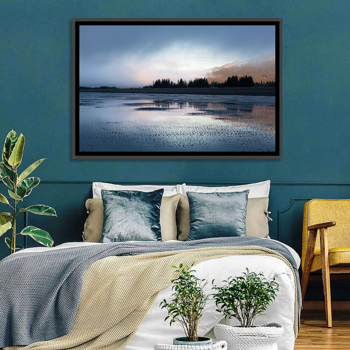 Lake Clark Foggy Shoreline Wall Art in a room, landscape