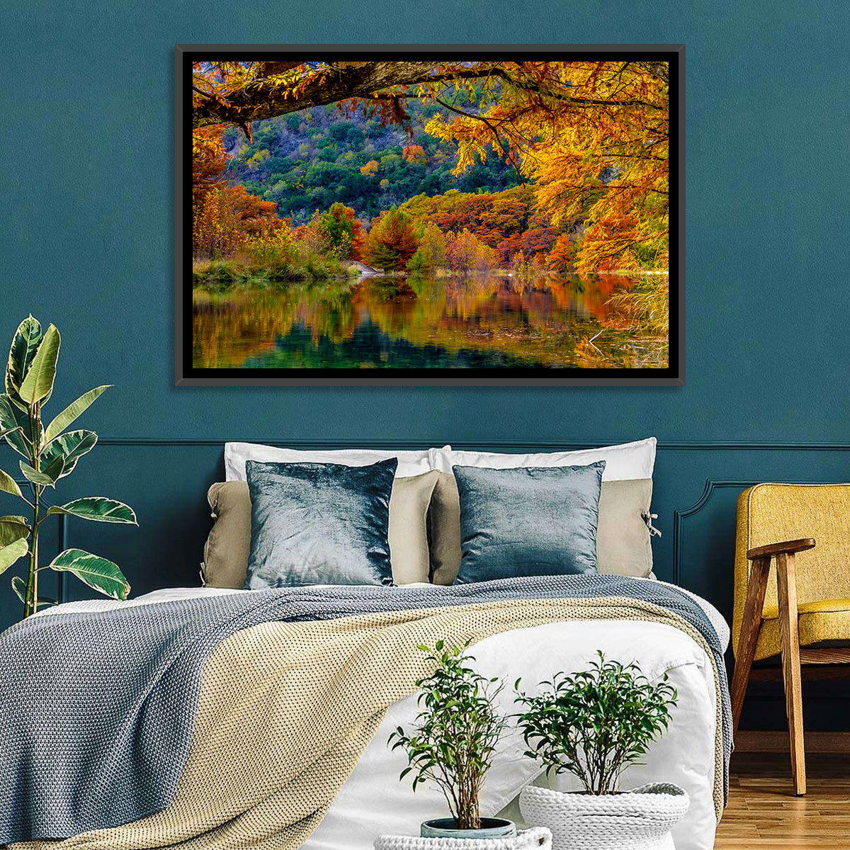 Frio River Autumn Reflection Wall Art in a room, landscape