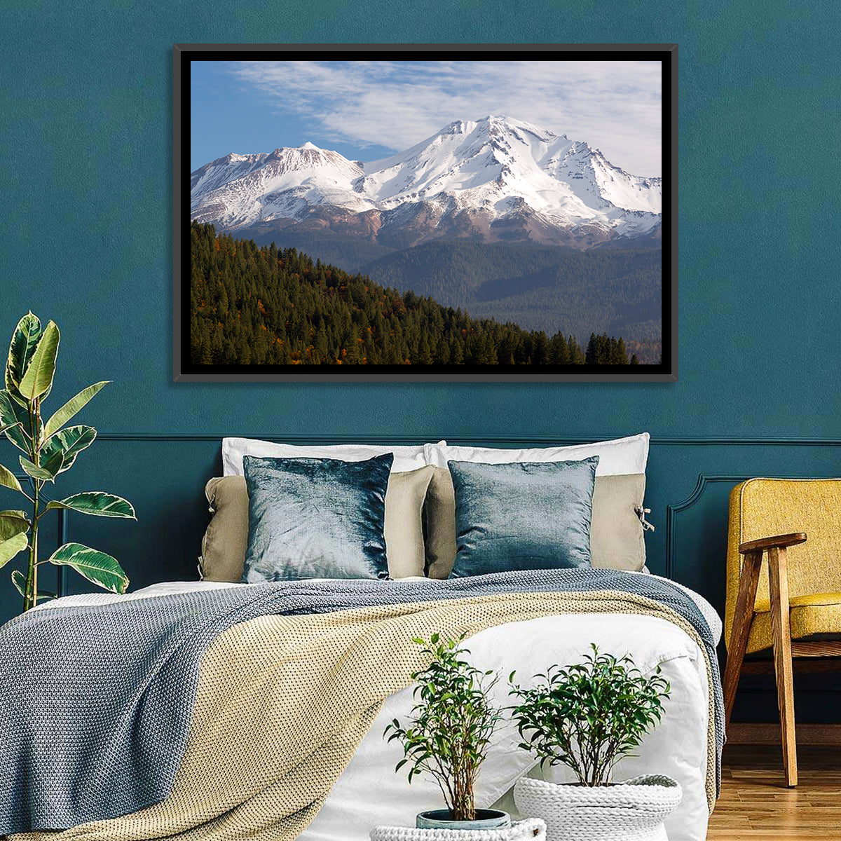 Mount Shasta Snow Peaks Wall Art in a room, landscape