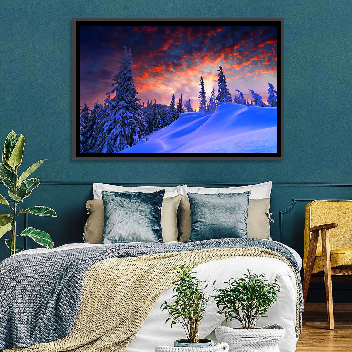 Snow-covered Mountain Sunset Wall Art in a room, landscape