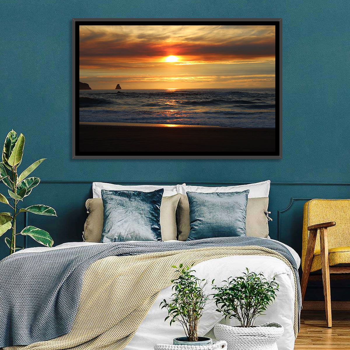 Oregon Sea Stack Sunset Wall Art in a room, landscape