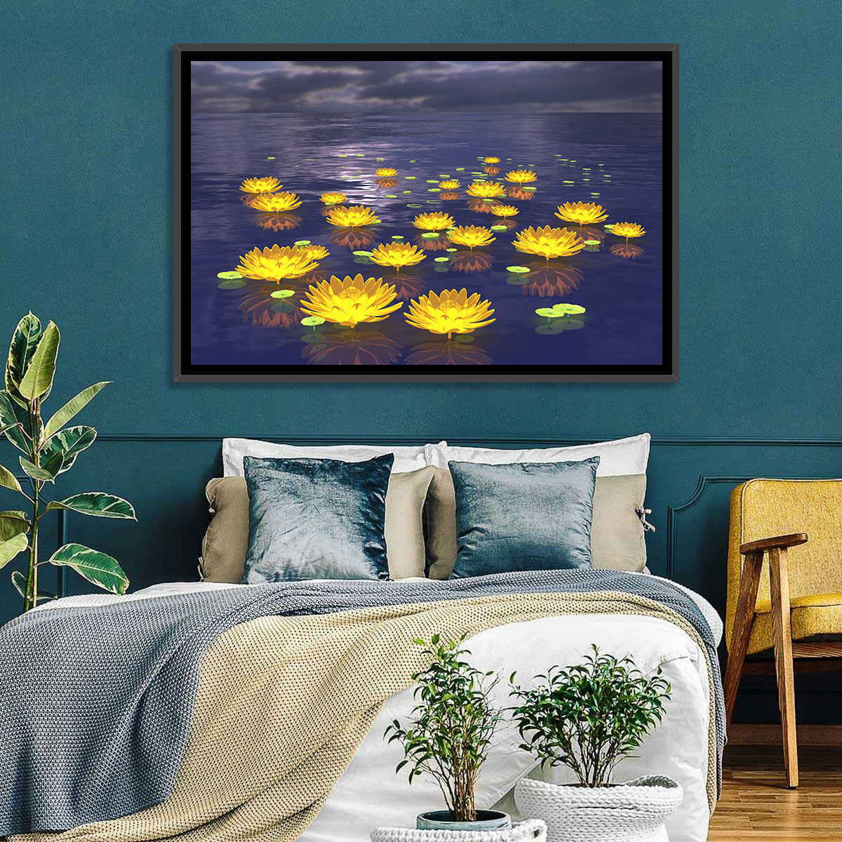 Floating Lotus at Dusk Wall Art in a room, landscape
