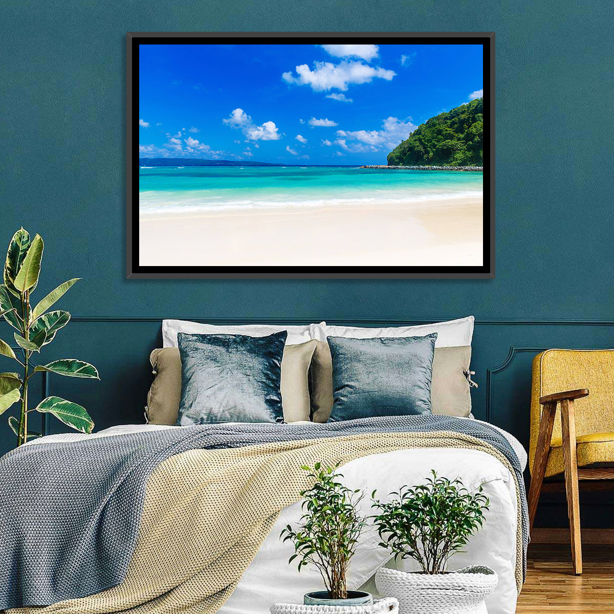 Turquoise Tropical Beach Scene Wall Art in a room, landscape