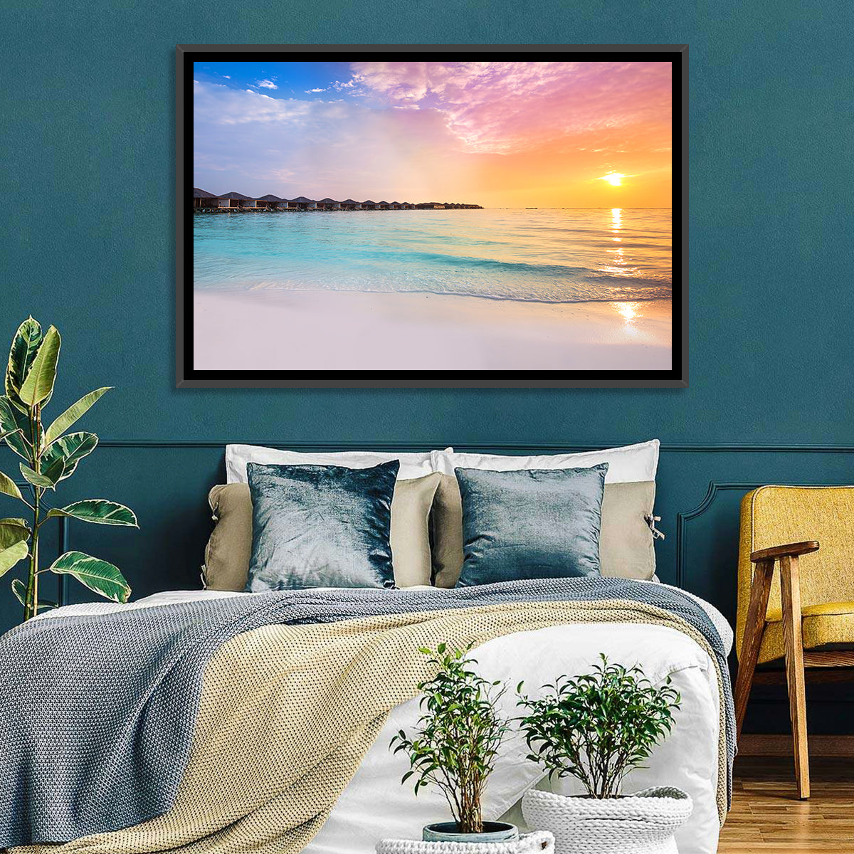 Overwater Bungalows at Sunset Wall Art in a room, landscape