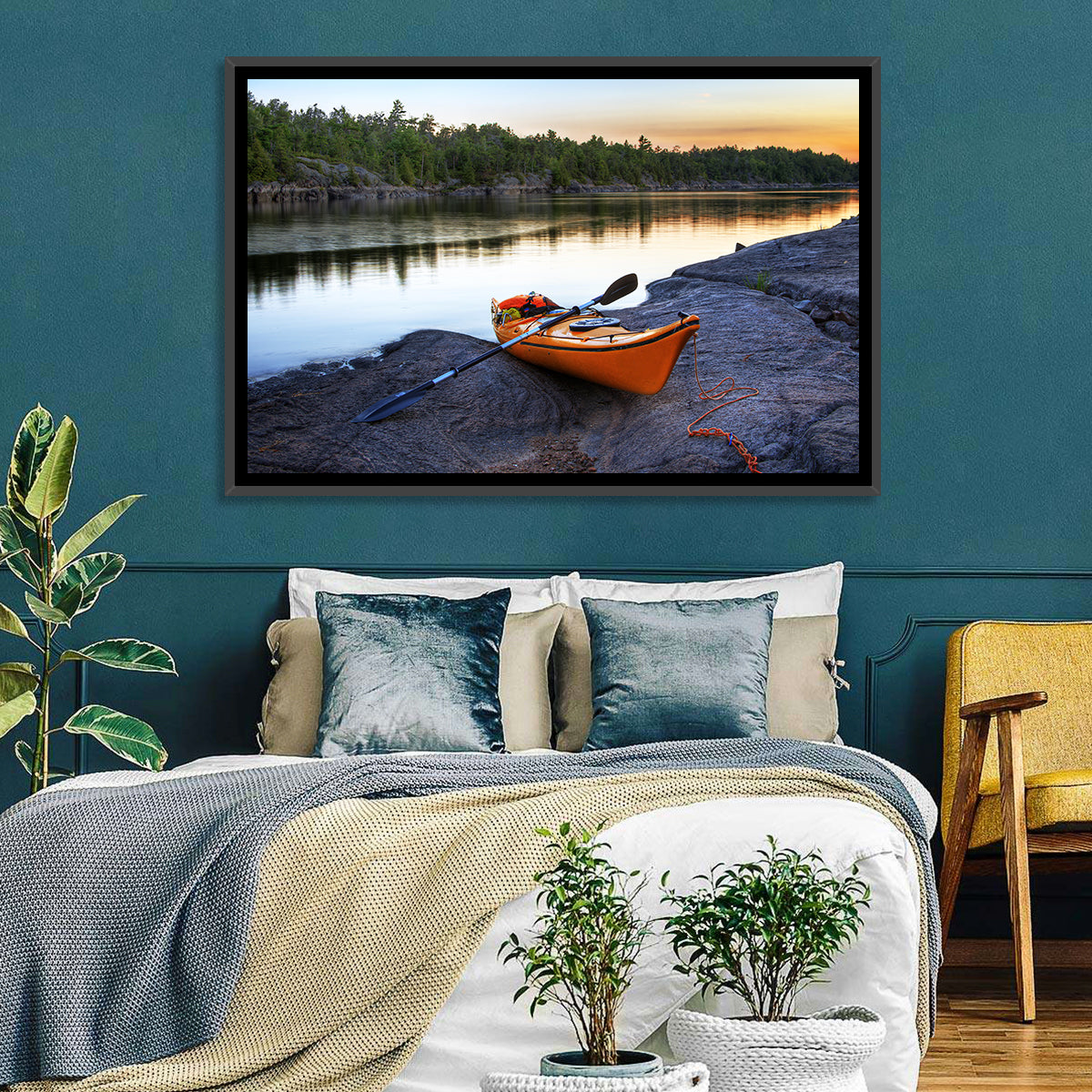 Orange Kayak on Rocky Shore Wall Art