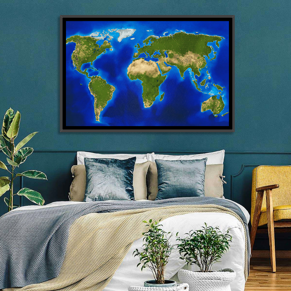 Satellite-style Blue World Map Wall Art in a room, landscape