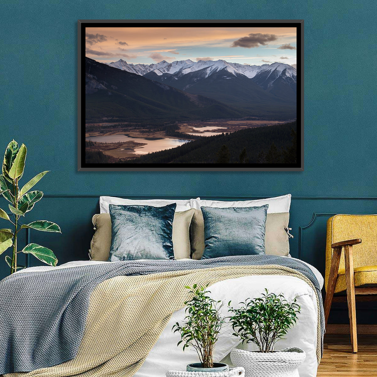 Banff Mountain Lake at Dusk Wall Art in a room, landscape