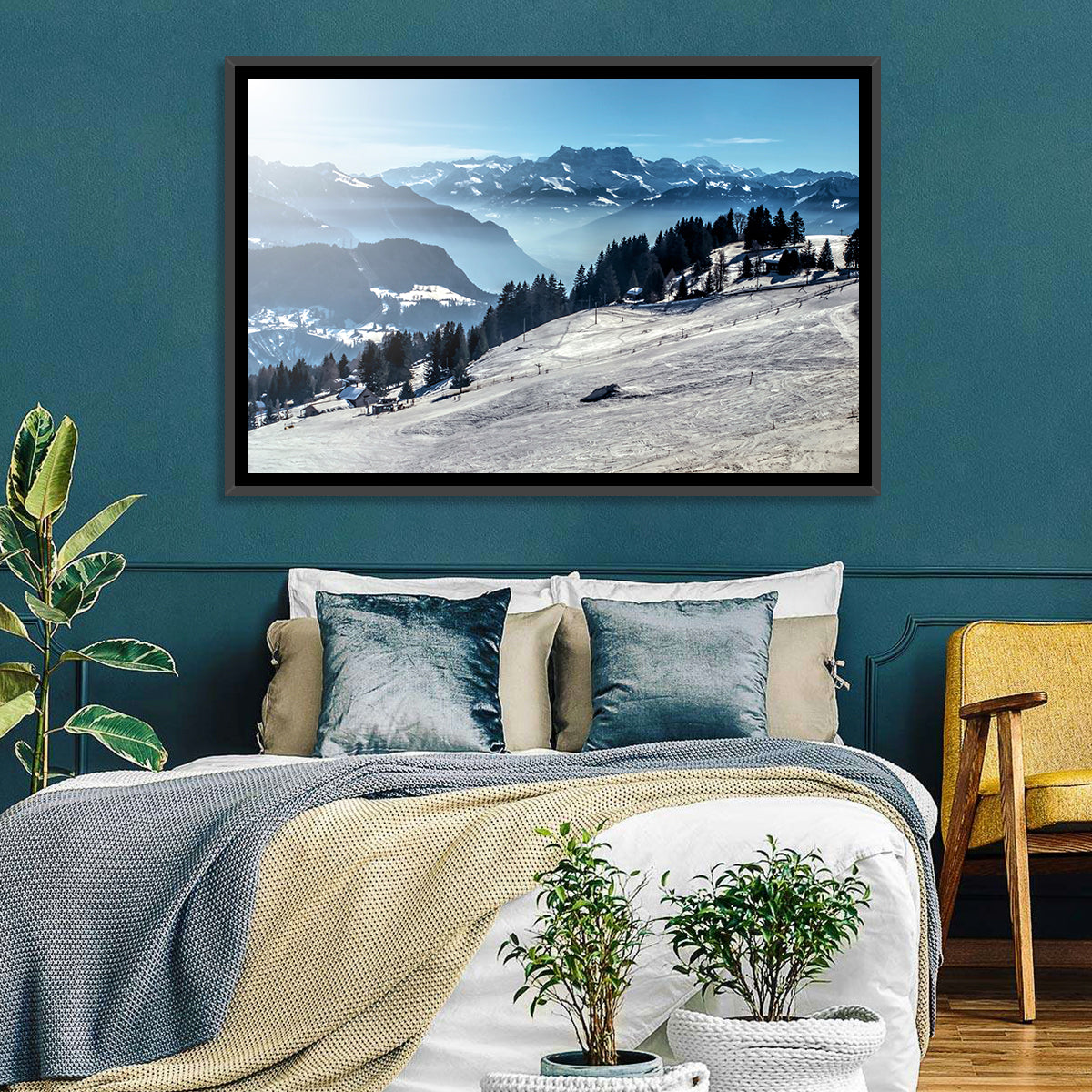 Sunlit Alpine Ski Slope Wall Art in a room, landscape