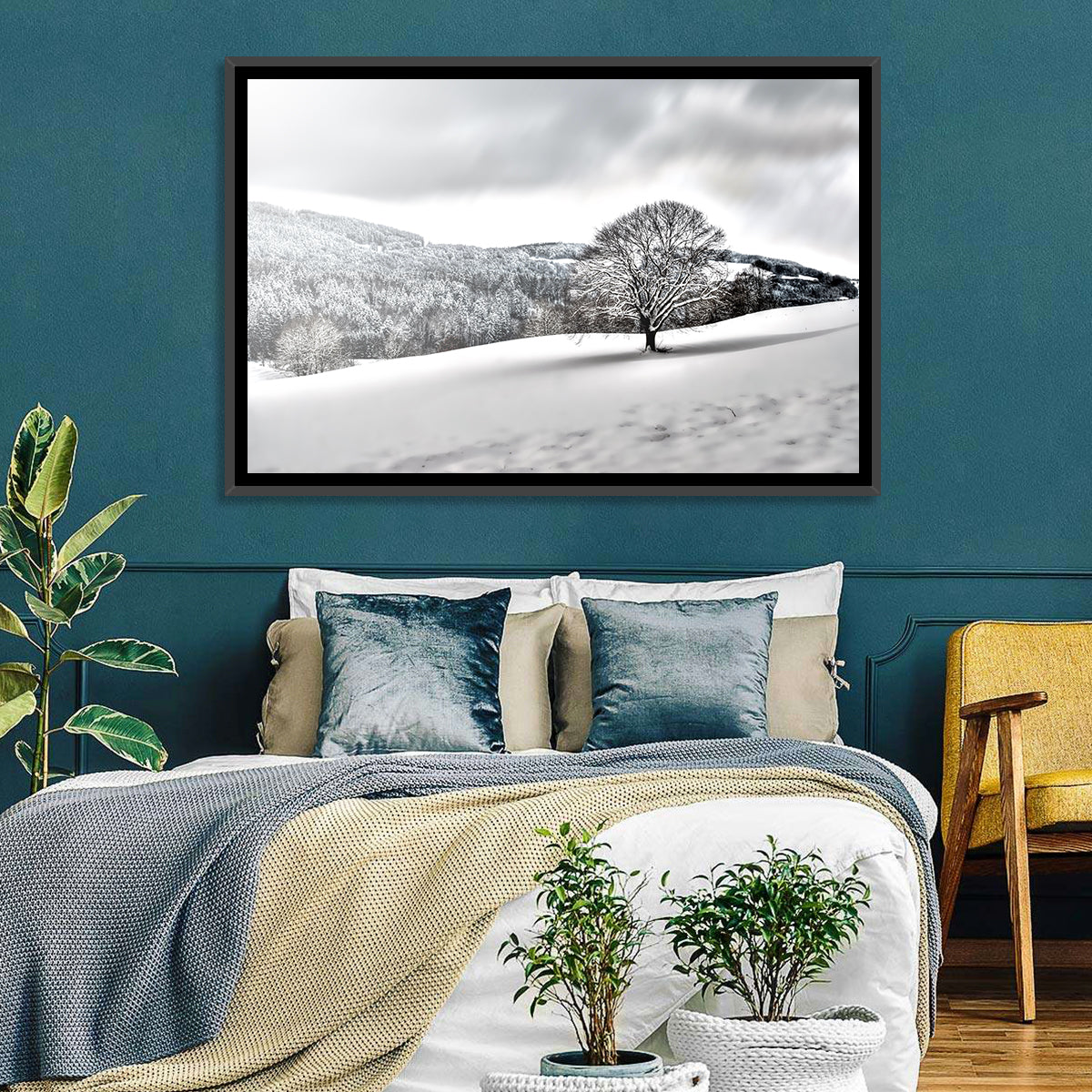 Solitary Snowy Tree Landscape Wall Art in a room, landscape