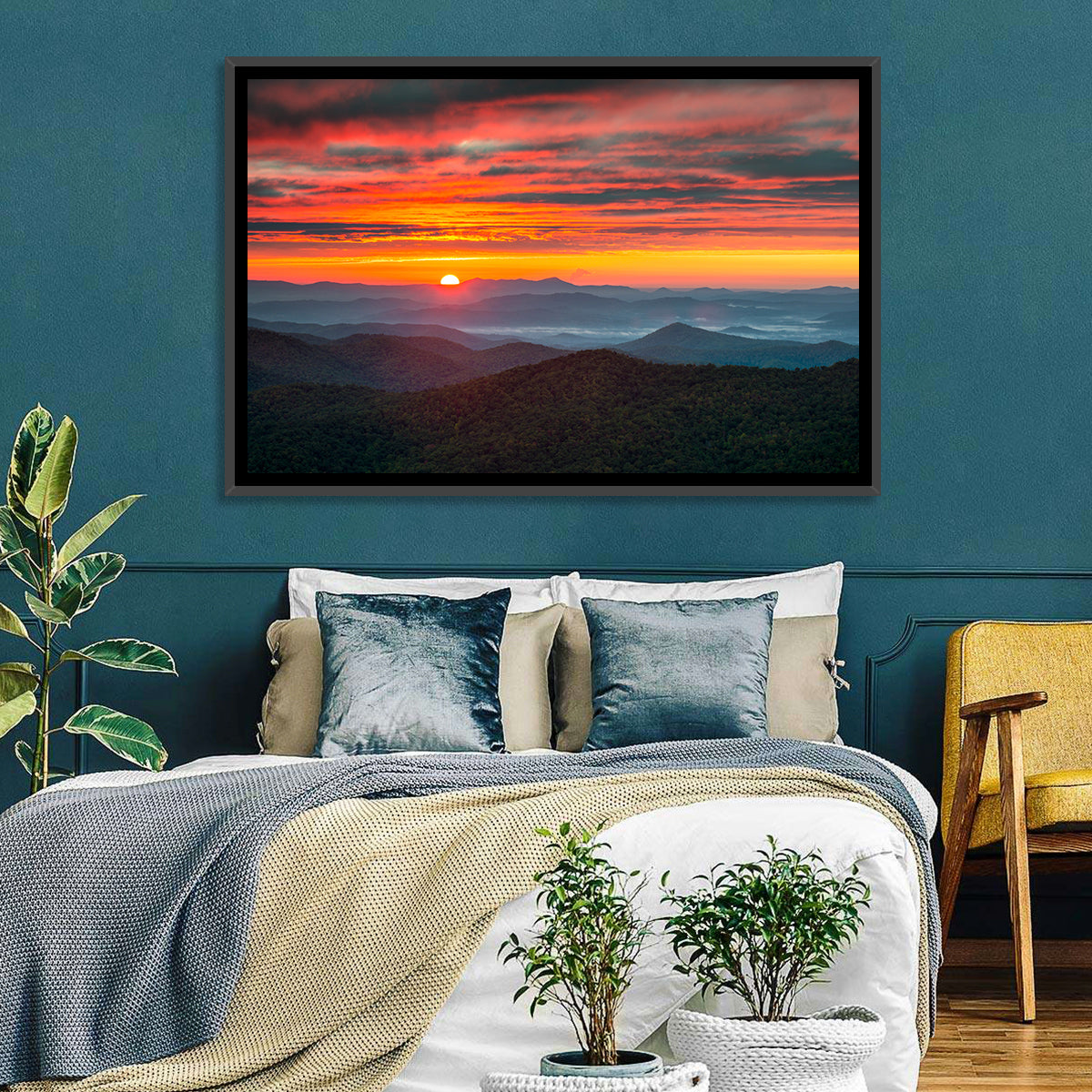 Blue Ridge Sunrise Over Misty Ridges Wall Art in a room, landscape