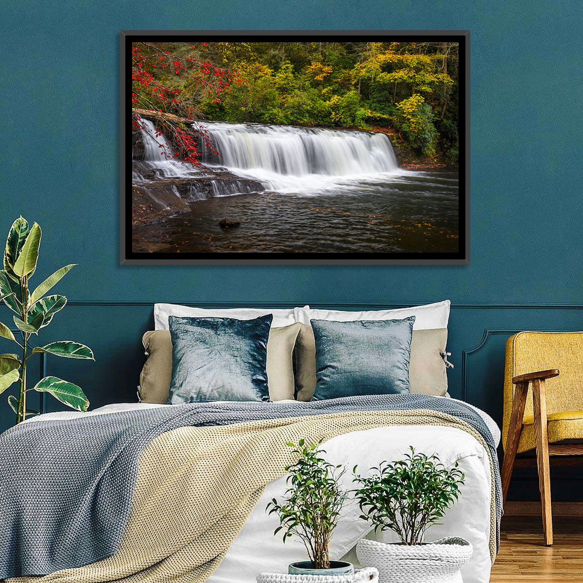 Blue Ridge Autumn Waterfall Wall Art in a room, landscape
