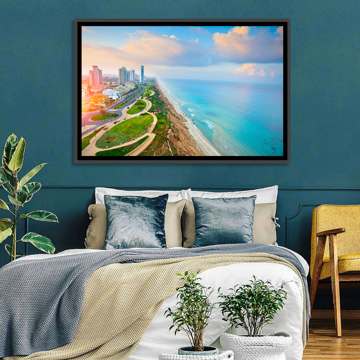 Netanya Coastline at Golden Hour Wall Art in a room, landscape