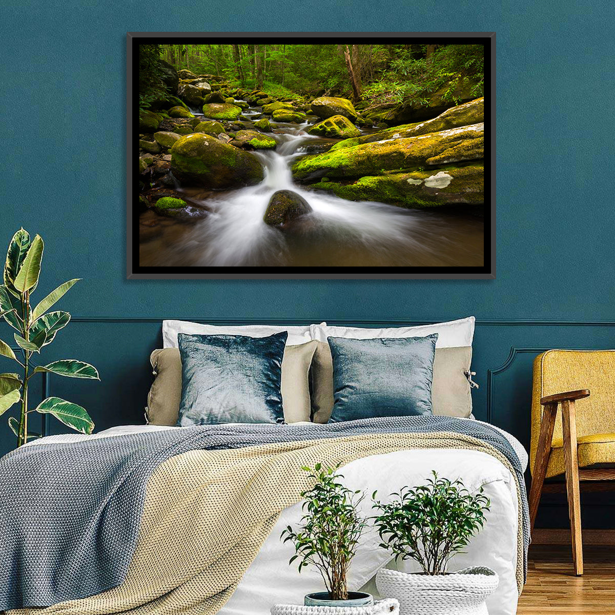Mossy Forest Stream Wall Art in a room, landscape
