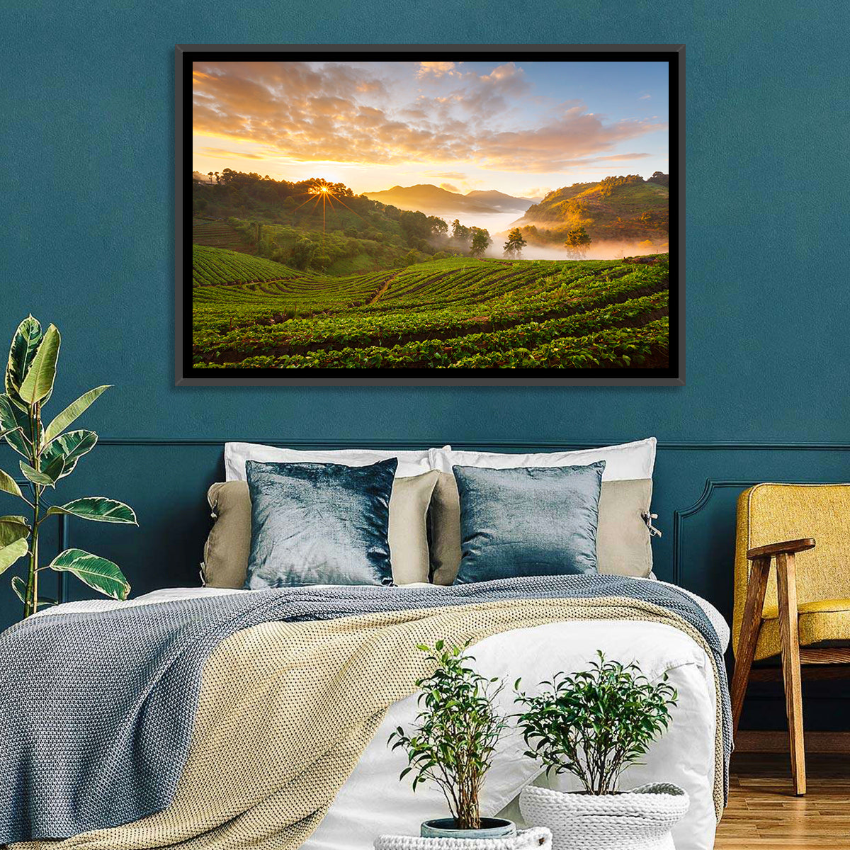 Strawberry Fields Sunrise Wall Art in a room, landscape