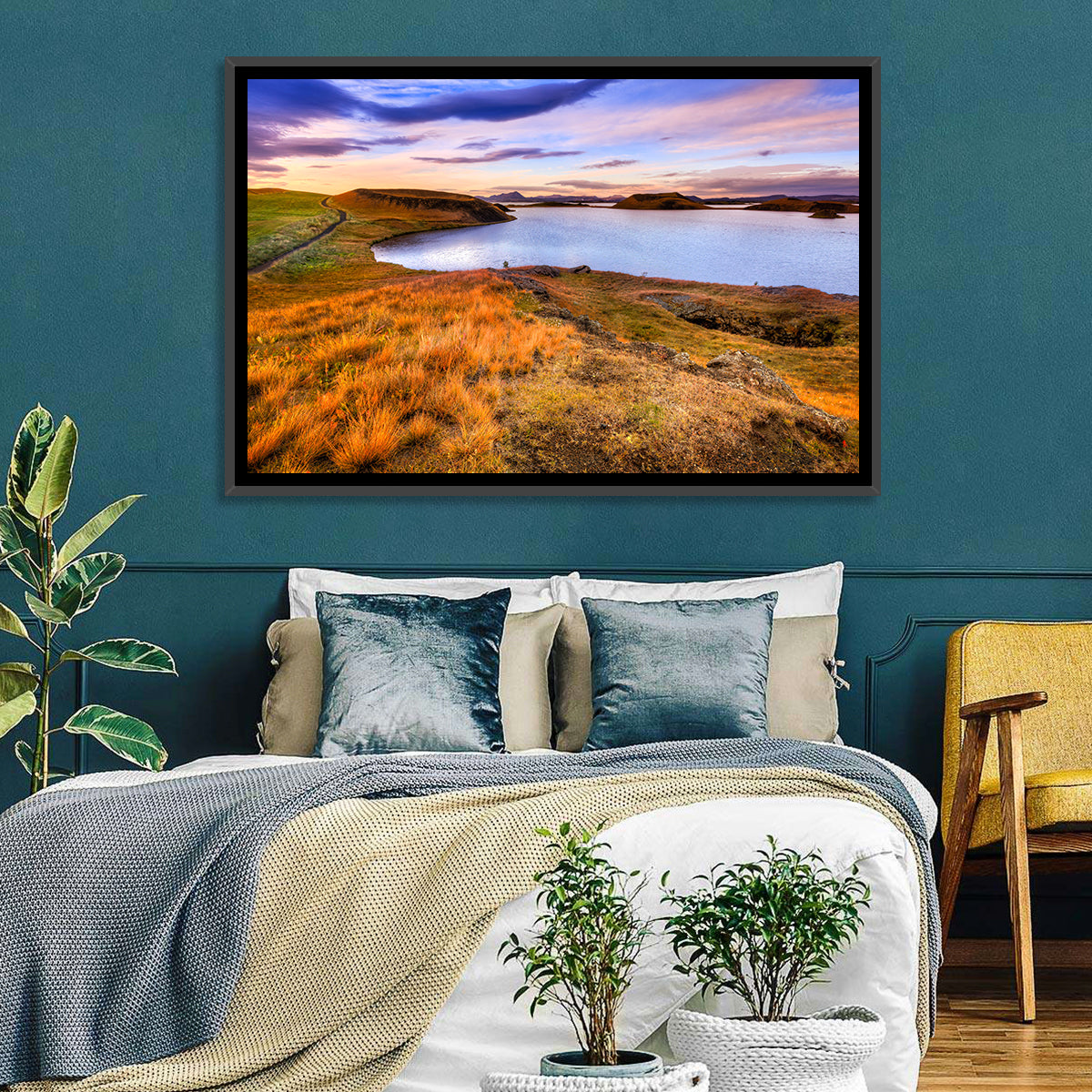 Sunset Over Lake Myvatn Wall Art in a room, landscape