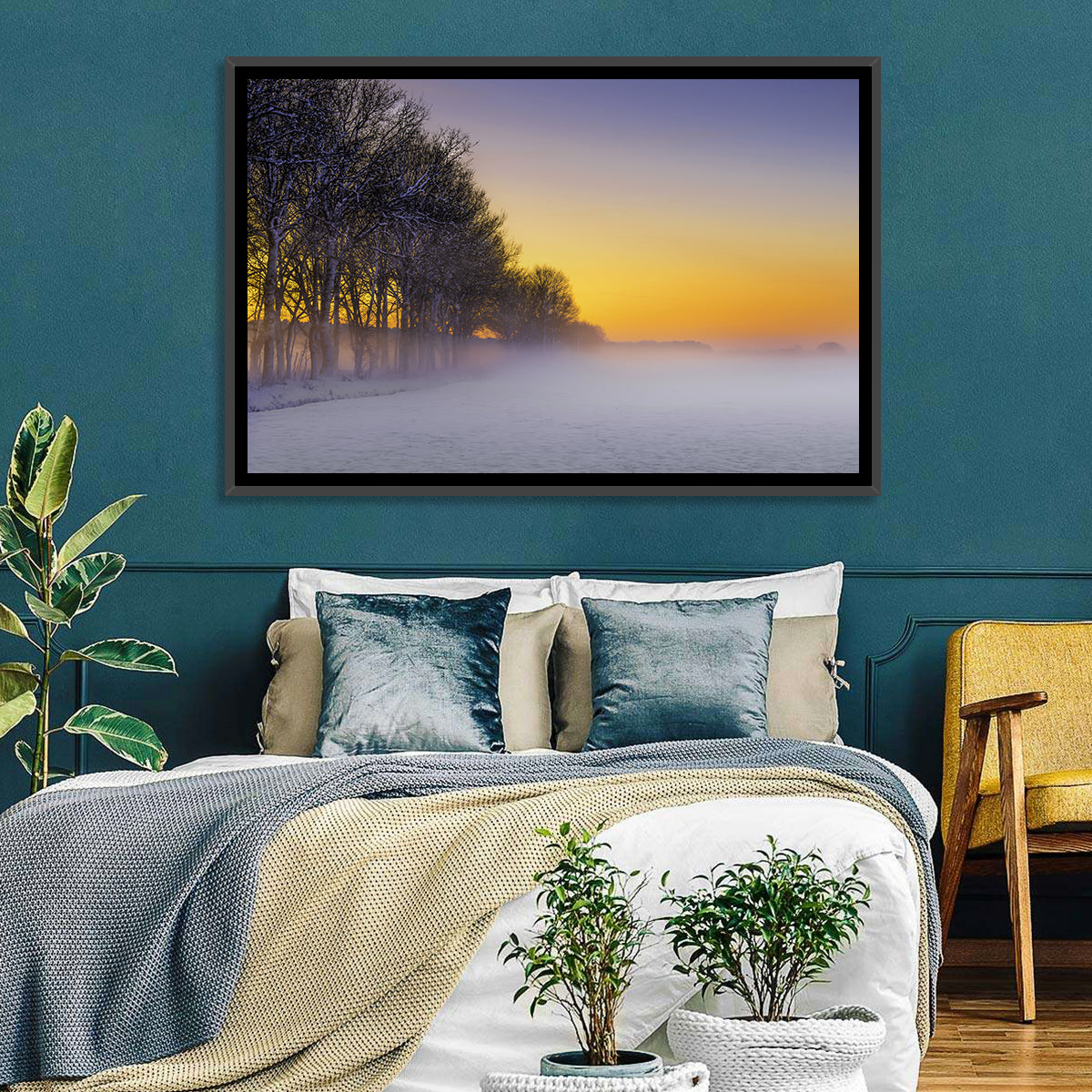 Winter Fog at Sunset Wall Art in a room, landscape