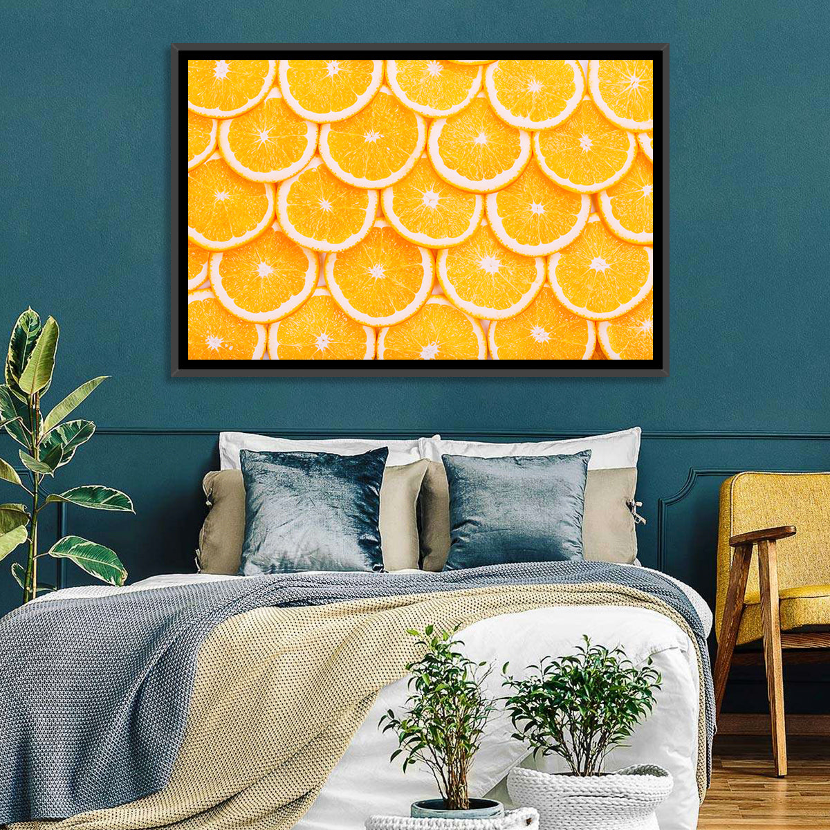 Orange Slice Grid Pattern Wall Art in a room, landscape