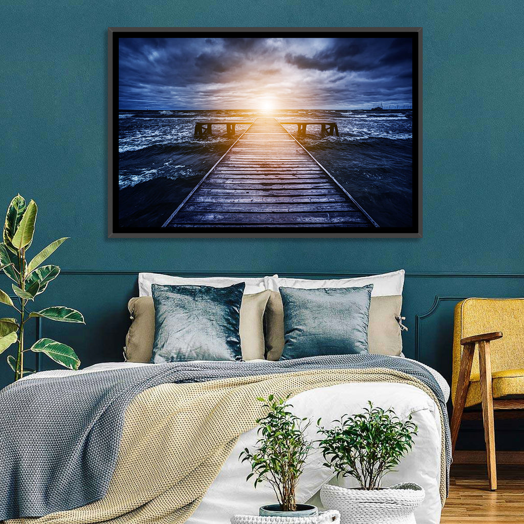 Sunlit Wooden Jetty at Dusk Wall Art