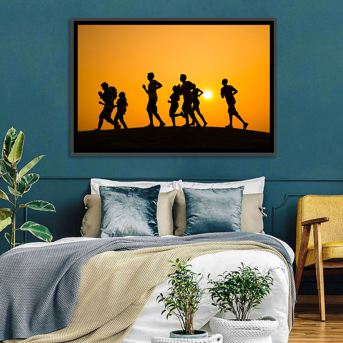 Six Runners Silhouette at Golden Sunset Wall Art in a room, landscape