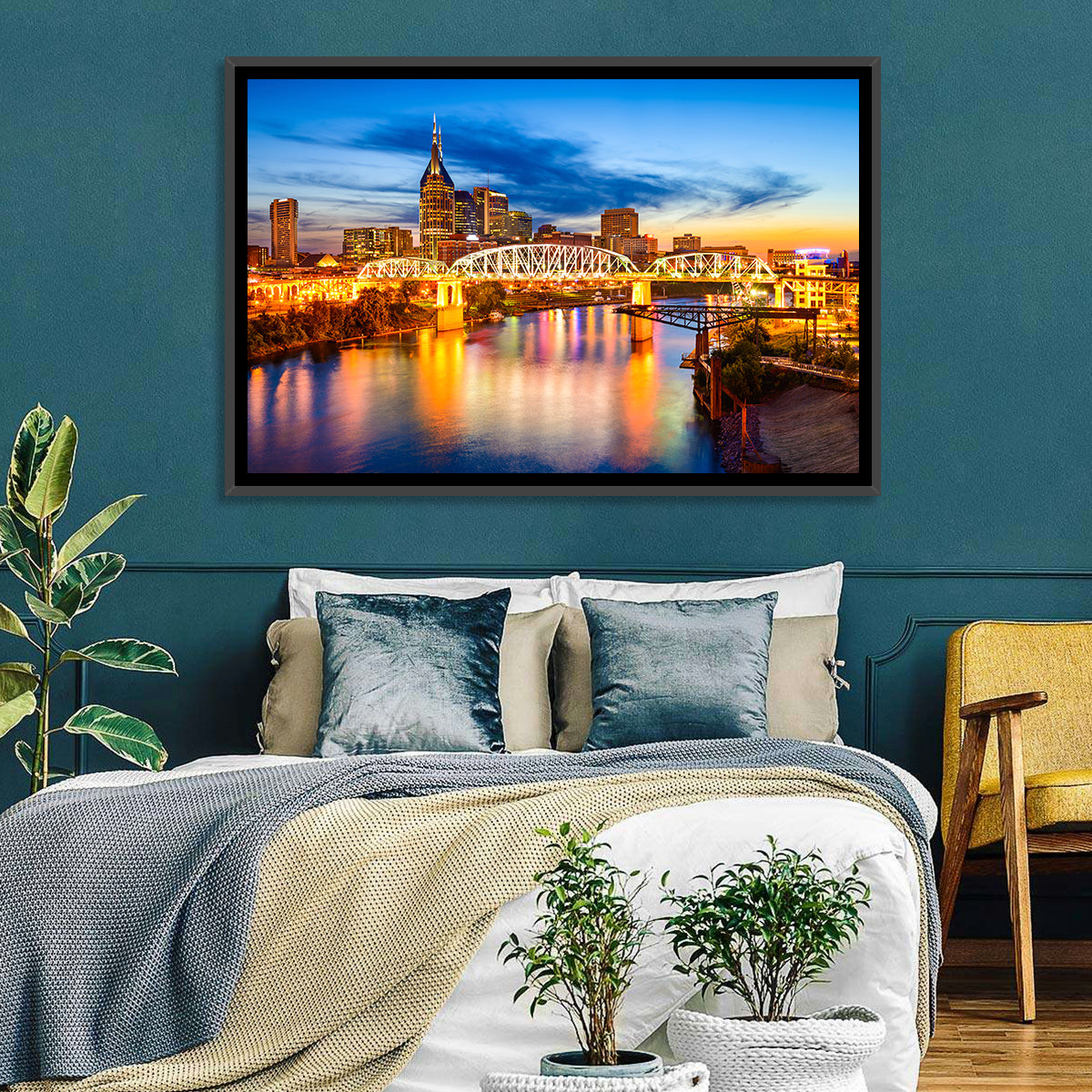 Nashville Skyline at Twilight Bridge Reflections Wall Art