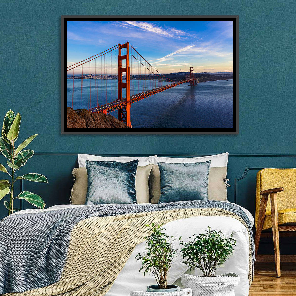 Golden Gate Bridge at Golden Hour Wall Art in a room, landscape