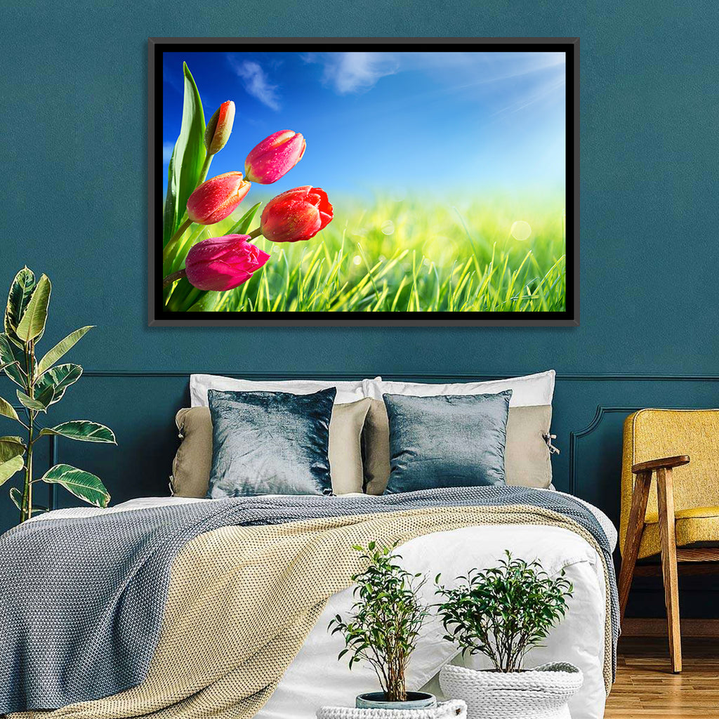 Dewy Red Tulips Under Blue Sky Wall Art