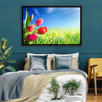 Dewy Red Tulips Under Blue Sky Wall Art