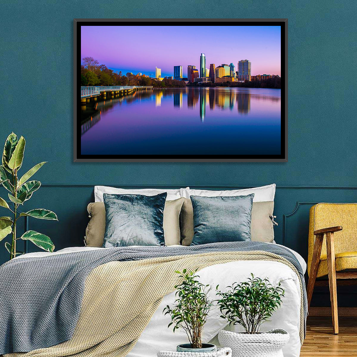 Austin Skyline Reflection at Twilight Wall Art in a room, landscape