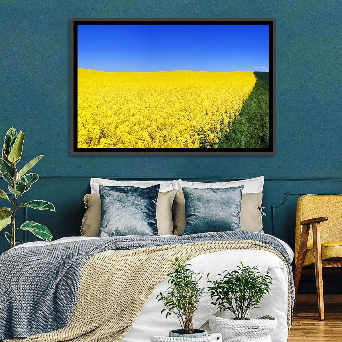 Sunlit Rapeseed Field Wall Art in a room, landscape