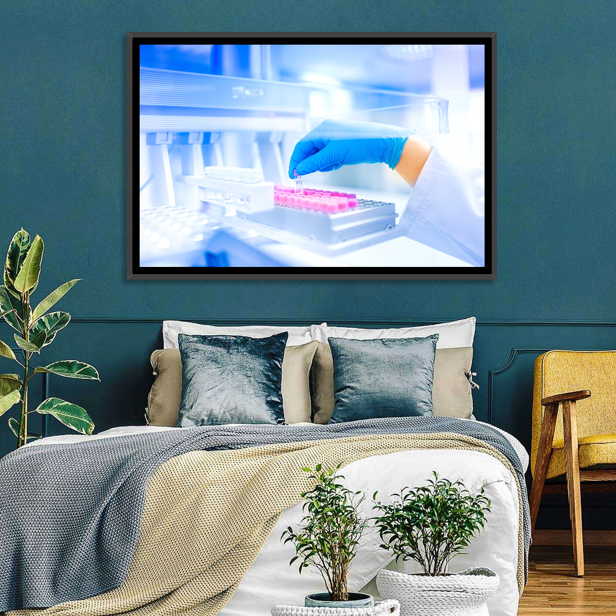 Gloved Hand with Vial and Pink-capped Tubes Wall Art in a room, landscape