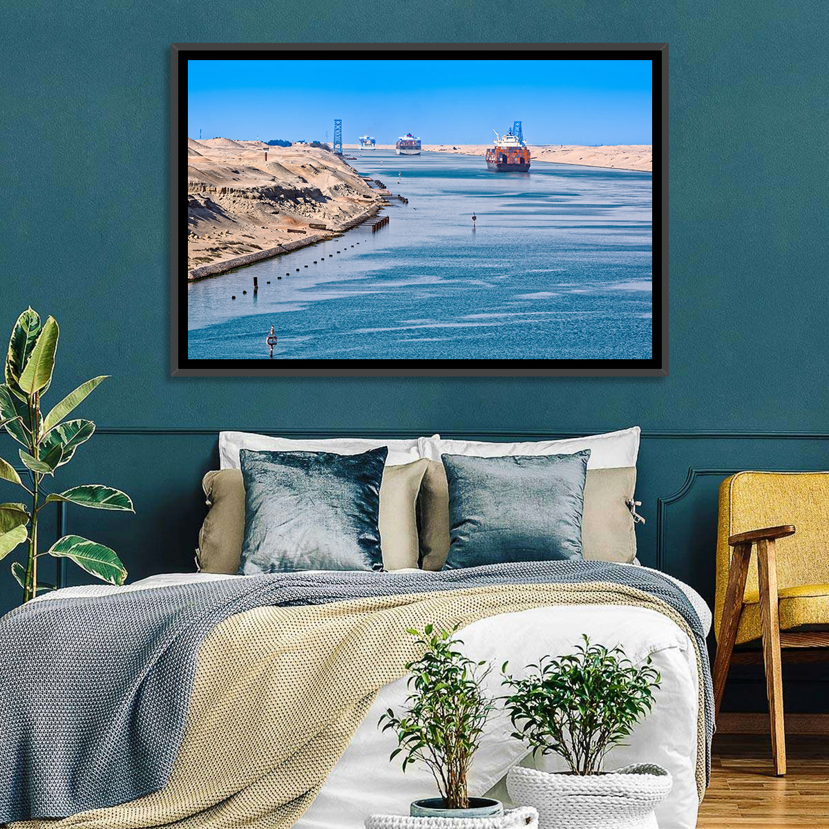 Suez Canal Container Ships Wall Art in a room, landscape