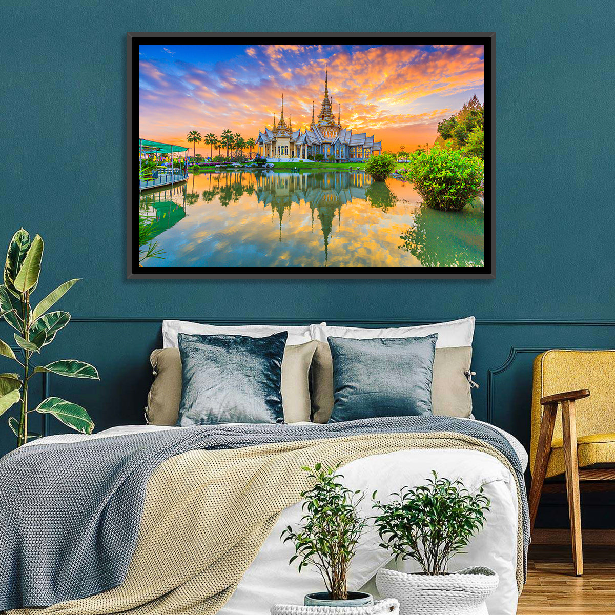 Wat Non Kum Sunset Reflection Wall Art in a room, landscape