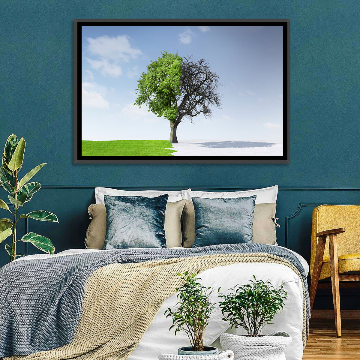 Split Seasons Tree Wall Art in a room, landscape