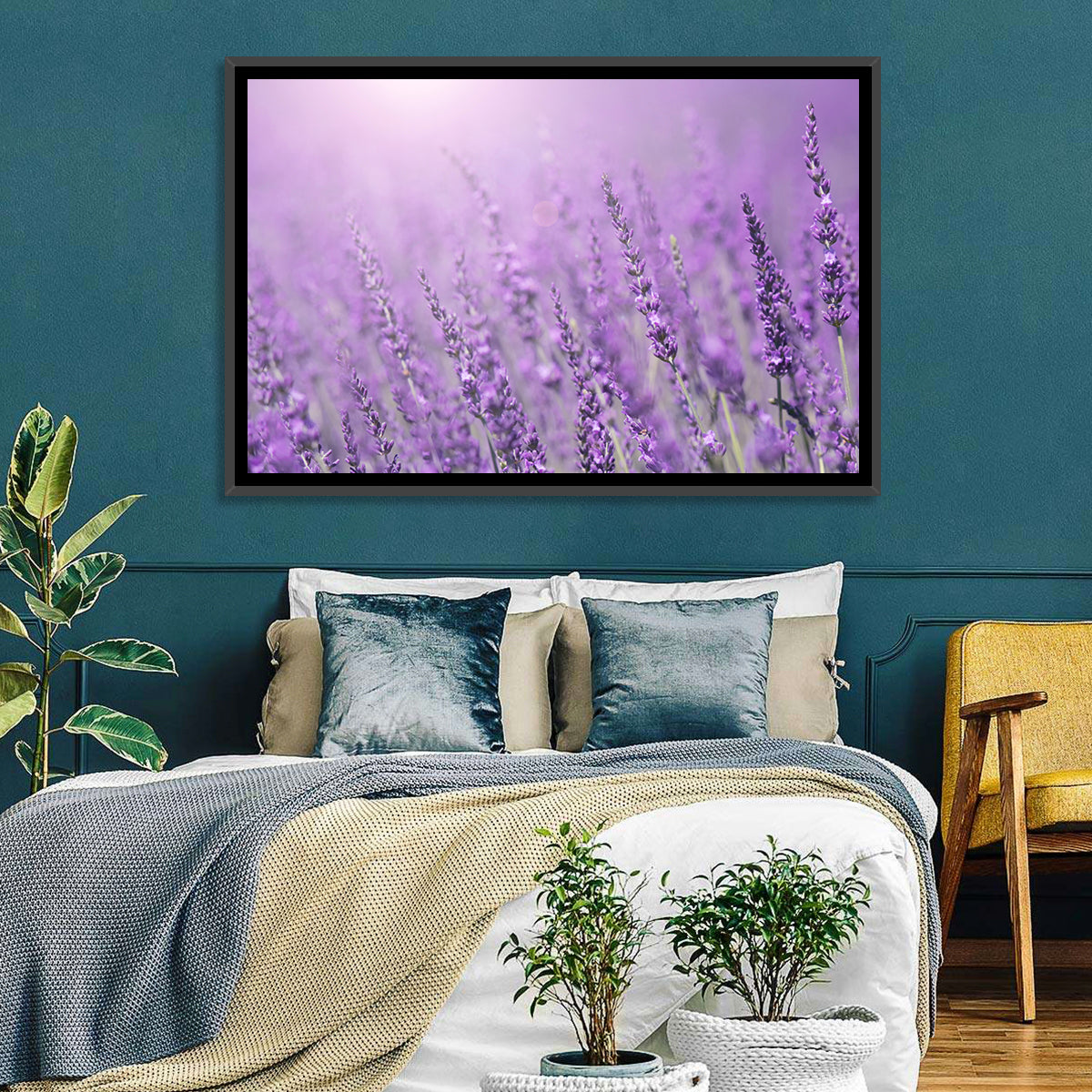 Sunlit Lavender Field Wall Art in a room, landscape