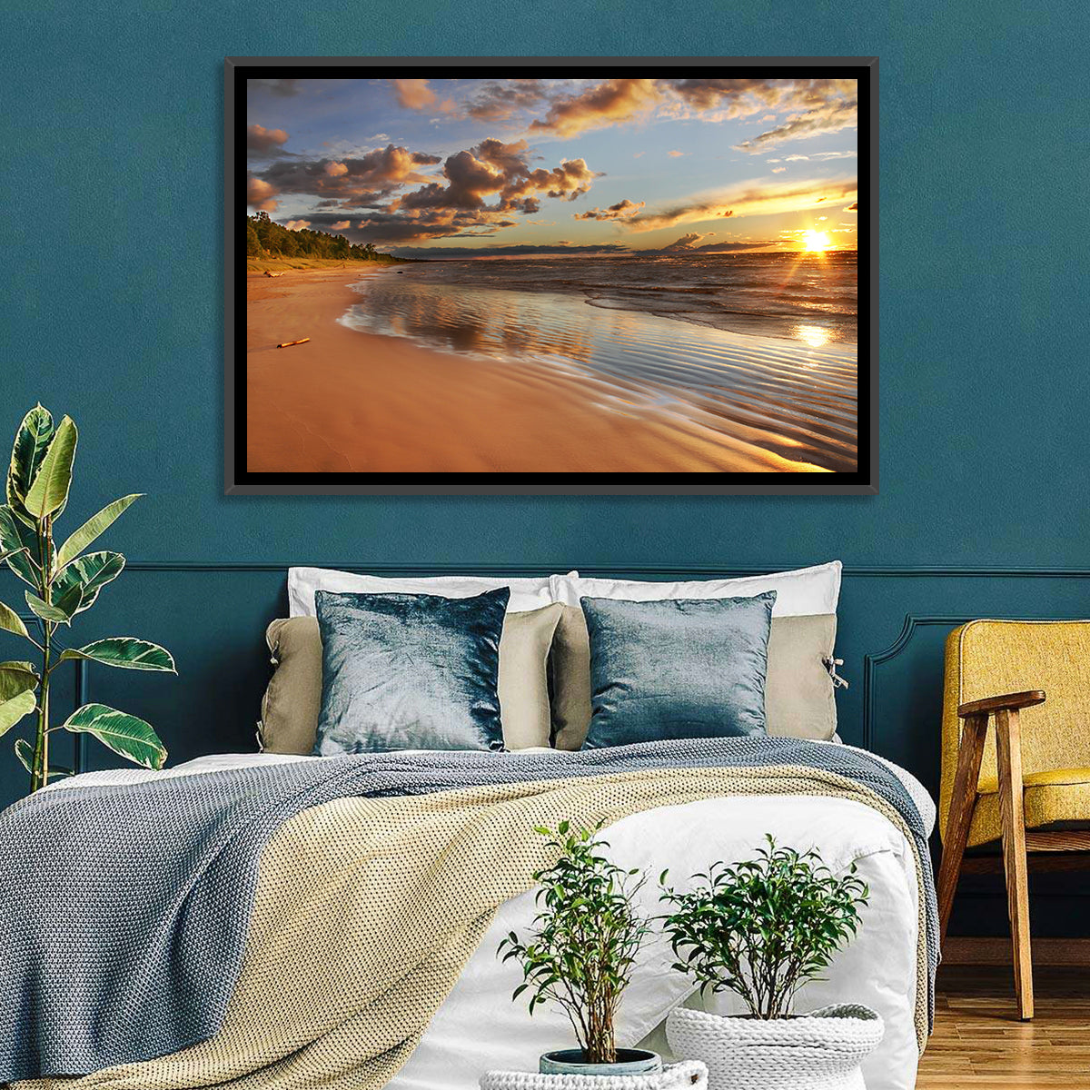 Lake Huron Sunset Beach Wall Art in a room, landscape