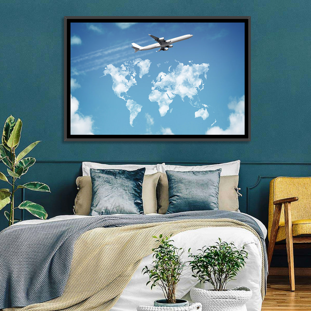 Jet Over Cloud World Map Wall Art in a room, landscape