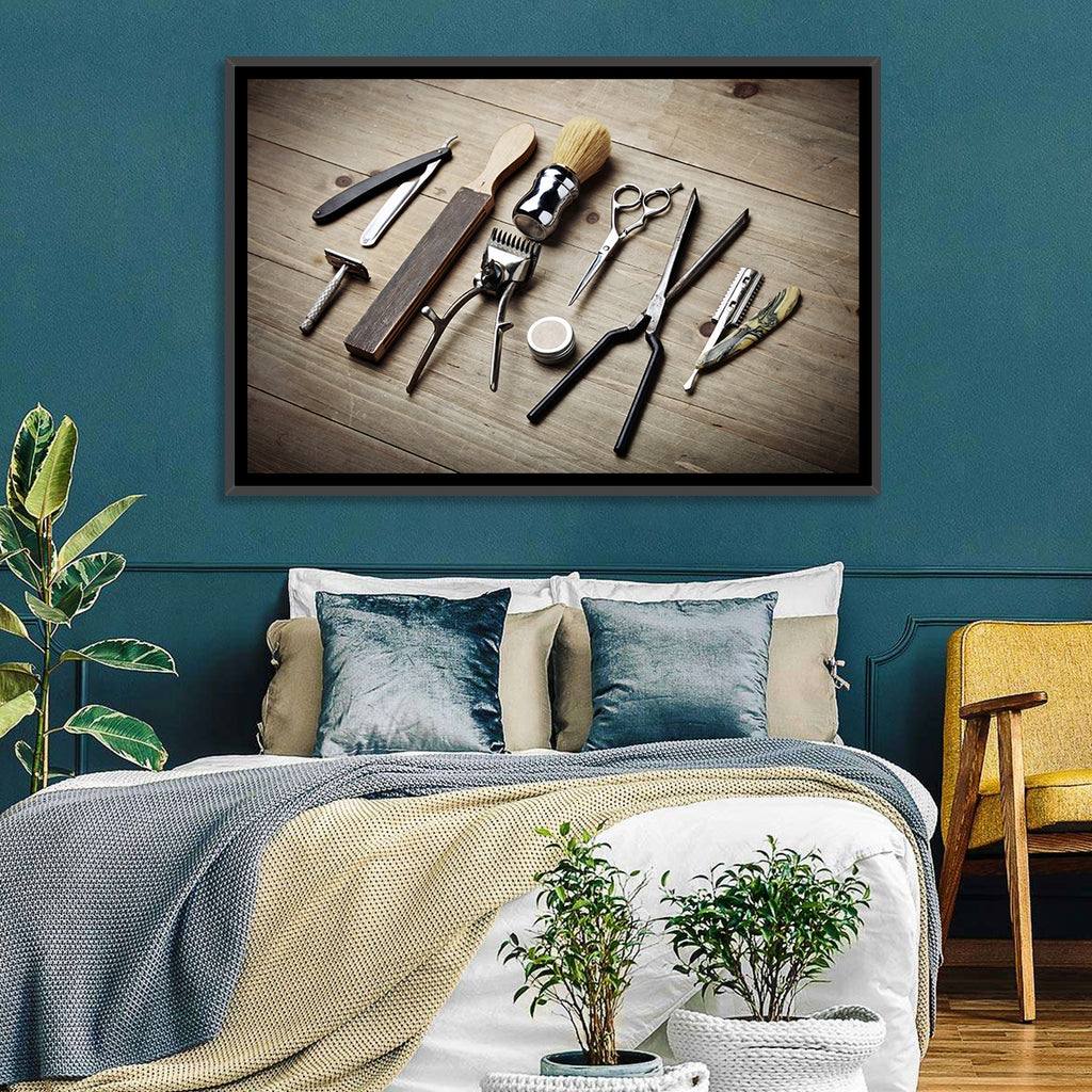 Vintage Barber Tools on Wooden Workbench Wall Art