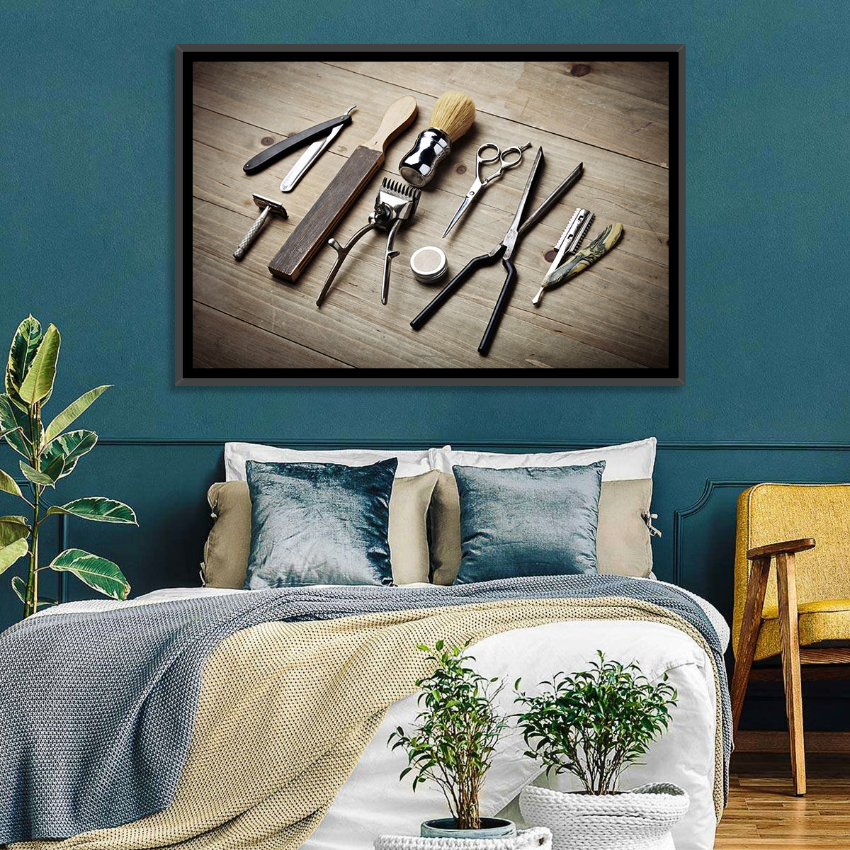 Vintage Barber Tools on Wooden Workbench Wall Art in a room, landscape