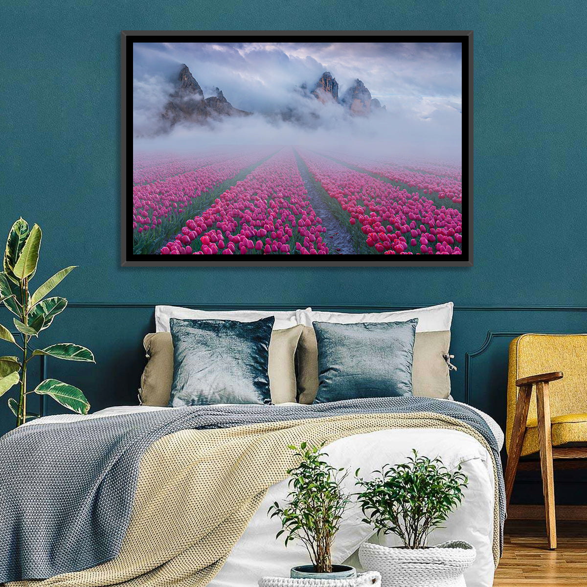 Misty Pink Tulip Field Wall Art in a room, landscape