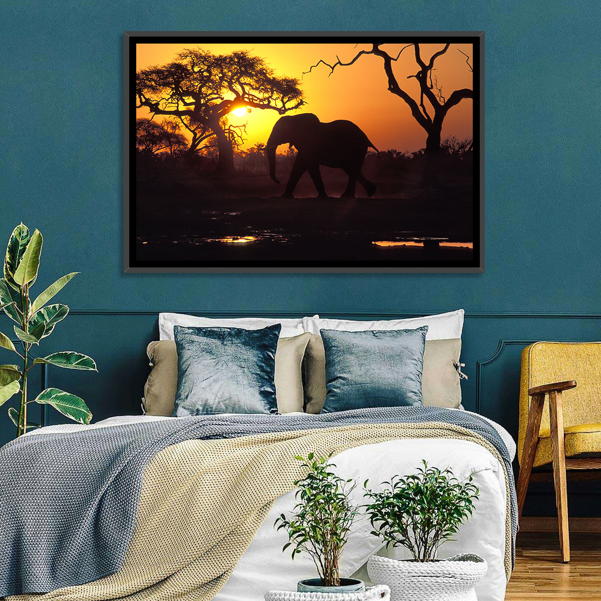 Elephant at Sunset Wall Art in a room, landscape