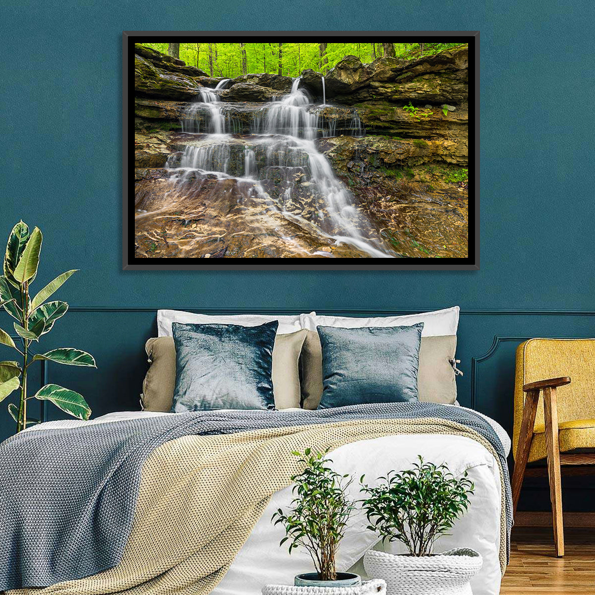 Mossy Ledge Waterfall Wall Art in a room, landscape