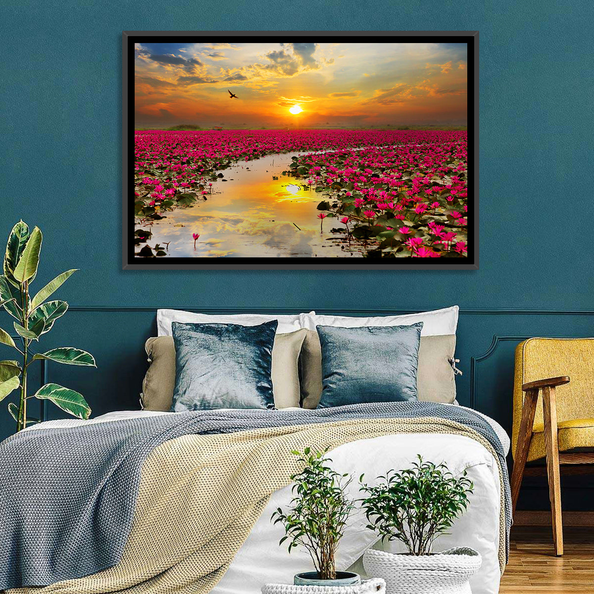Golden Hour Lotus Field Wall Art in a room, landscape