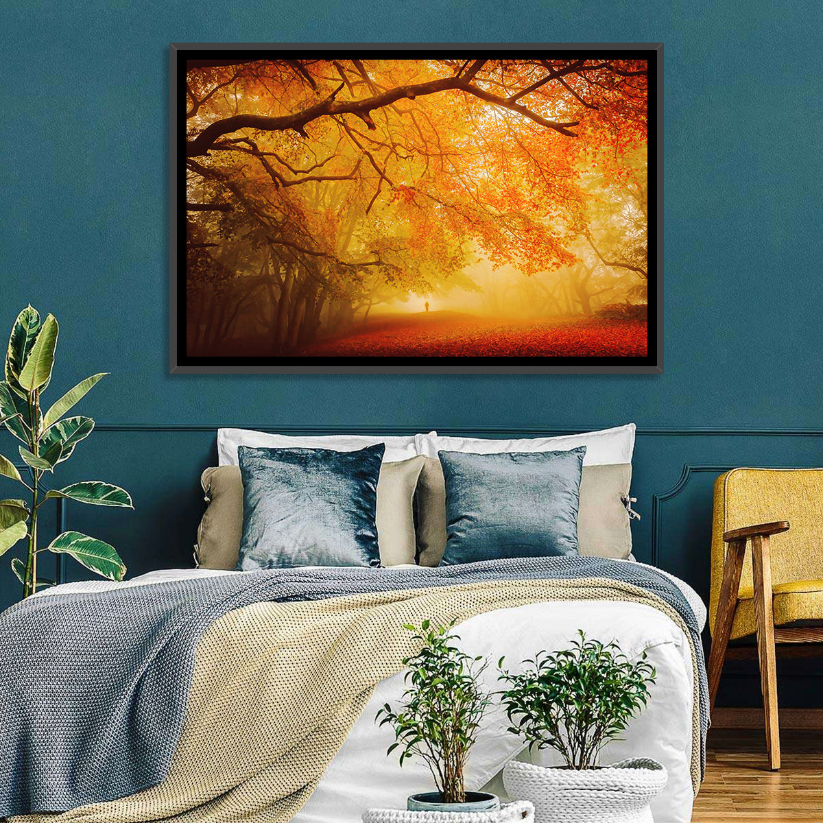 Autumn Forest Path with Lone Figure Wall Art in a room, landscape