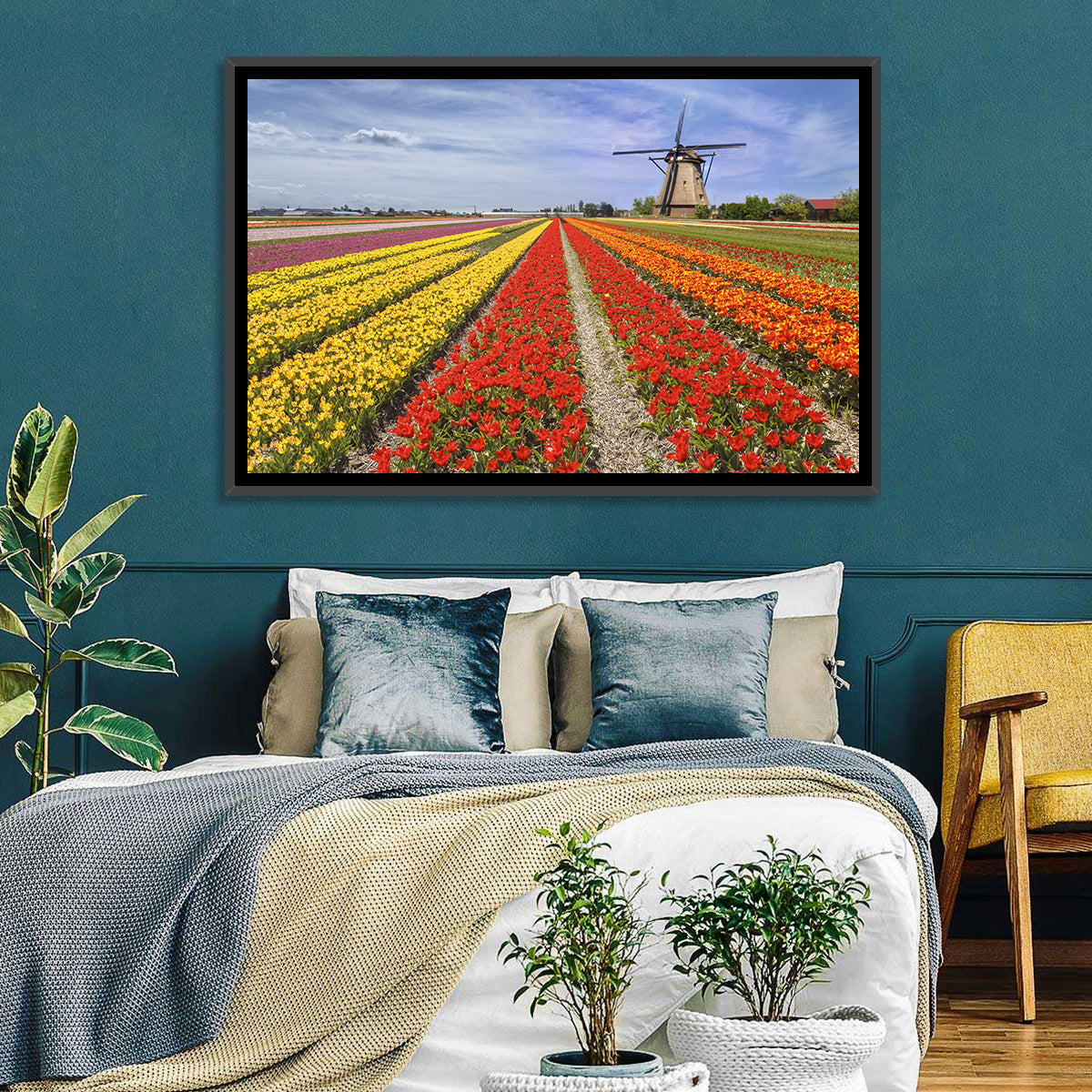 Spring Tulip Fields with Dutch Windmill Wall Art in a room, landscape